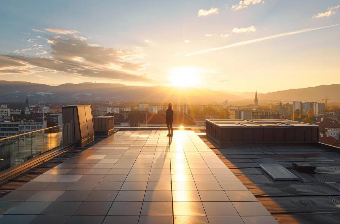 a panoramic view of a skilled technician expertly installing sleek solar panels on a sunlit rooftop, showcasing the harmonious blend of technology and sustainability against a vibrant blue sky.