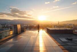 a panoramic view of a skilled technician expertly installing sleek solar panels on a sunlit rooftop, showcasing the harmonious blend of technology and sustainability against a vibrant blue sky.