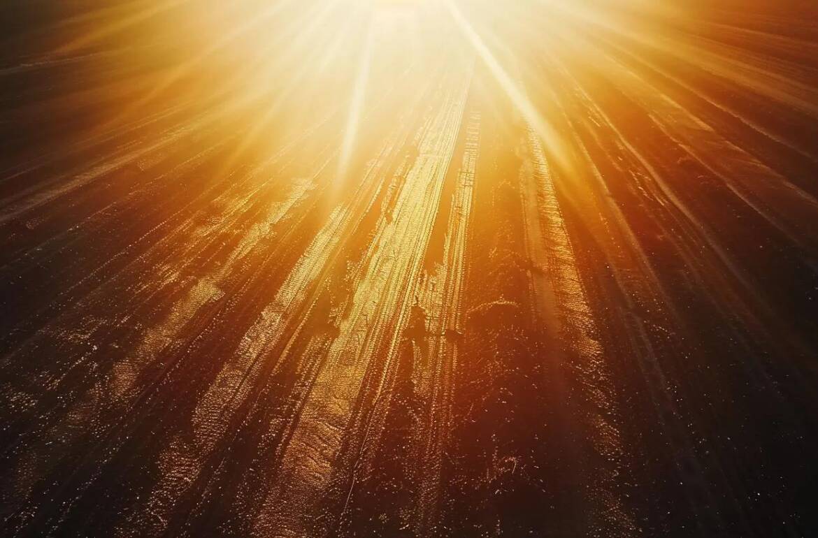 a vast solar farm glimmers under a radiant sun, showcasing rows of sleek solar panels reflecting brilliant sunlight, symbolizing the powerful transformation of solar energy into electricity.