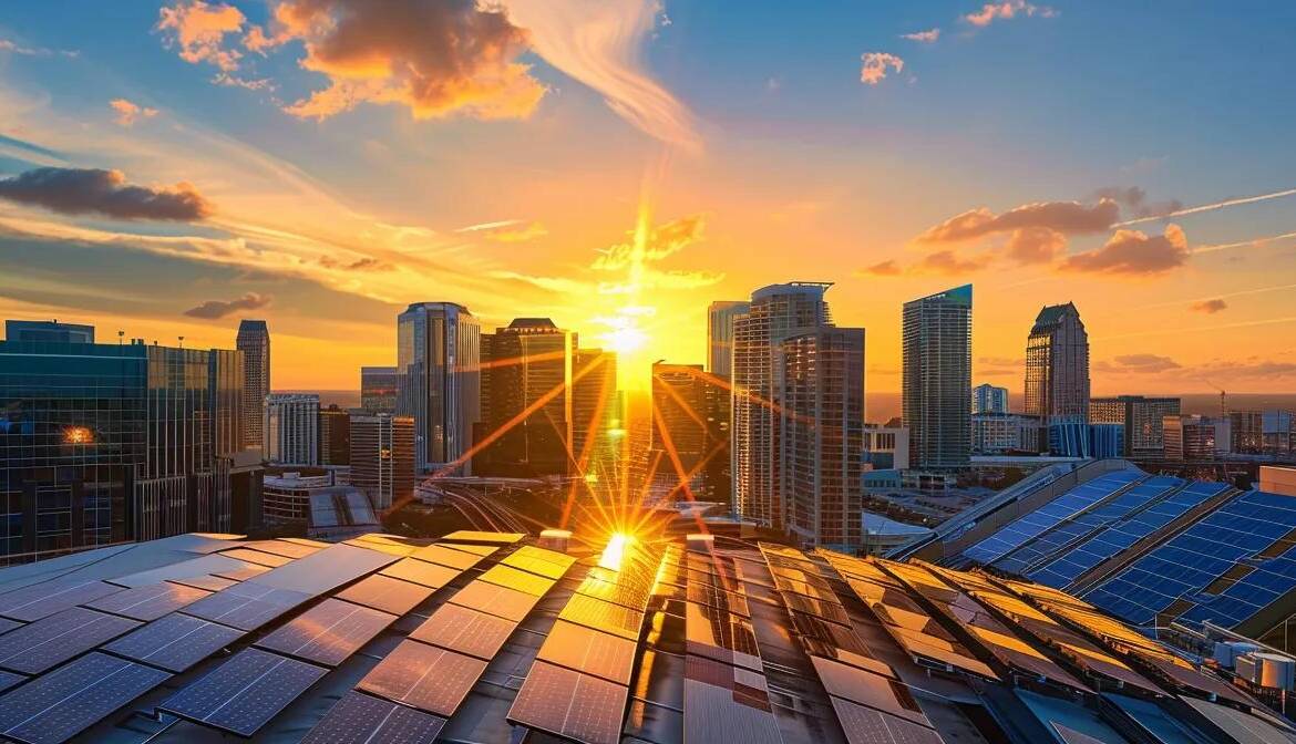 a vibrant orlando skyline glistens under the golden sunlight, with sleek solar panels gleaming on modern rooftops, symbolizing the promise of sustainable savings and eco-friendly energy.