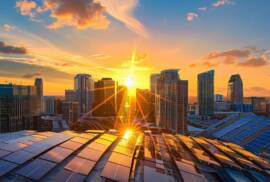 a vibrant orlando skyline glistens under the golden sunlight, with sleek solar panels gleaming on modern rooftops, symbolizing the promise of sustainable savings and eco-friendly energy.