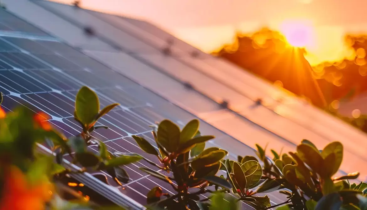 a vibrant, sunlit landscape showcasing sleek solar panels glistening on a rooftop in orlando, surrounded by a clear blue sky and lush greenery, symbolizing sustainable energy.