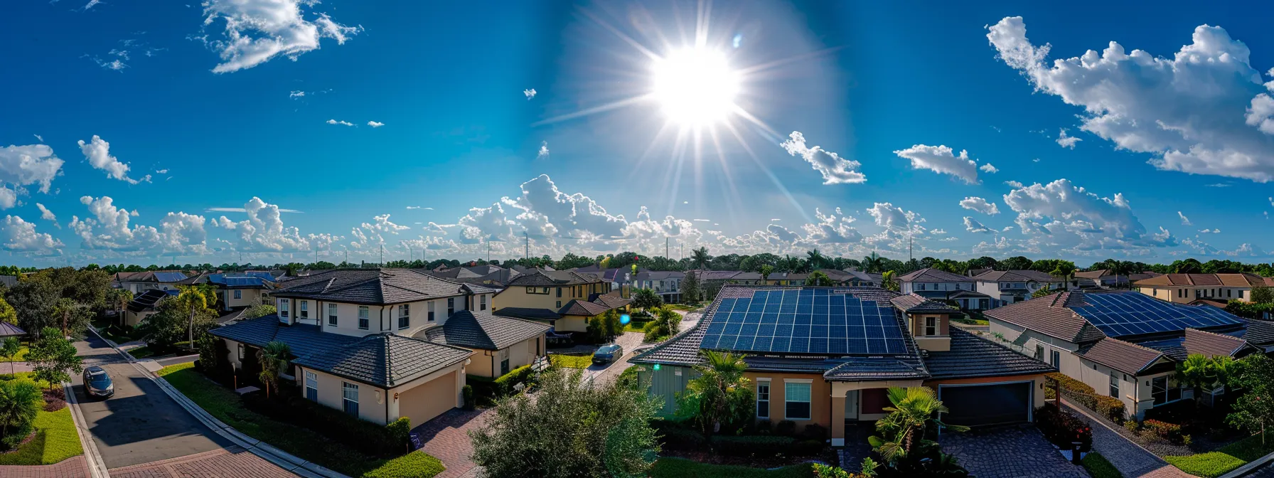 a panoramic view of a sun-drenched orlando neighborhood showcases sleek solar panels glimmering on rooftops, embodying the promise of renewable energy and innovative home solutions under a bright blue sky. a panoramic view of a sun-drenched orlando neighborhood showcases sleek solar panels glimmering on rooftops, embodying the promise of renewable energy and innovative home solutions under a bright blue sky.