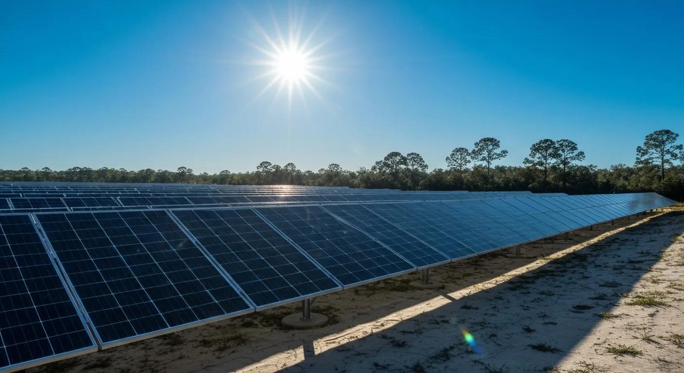 Solar farm in Orlando under a clear sky, representing environmental benefits like reduced carbon footprint and improved air quality
