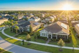 Residential homes in Orlando with solar panels under clear blue skies, emphasizing sustainability and energy independence