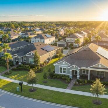 Residential homes in Orlando with solar panels under clear blue skies, emphasizing sustainability and energy independence