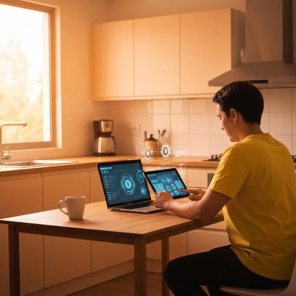 Homeowner using a solar panel savings calculator on a laptop at a kitchen table