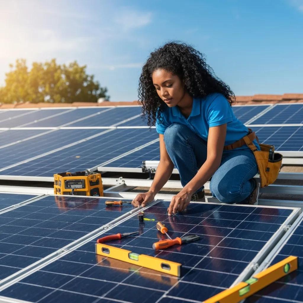Professional installer working on solar panel installation on a residential roof