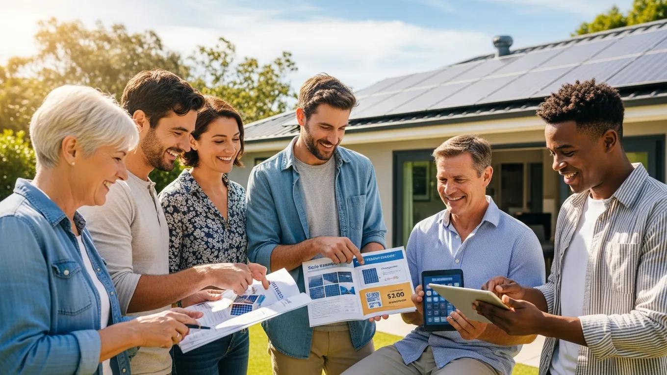 Homeowners discussing solar energy financial incentives in a sunny outdoor setting