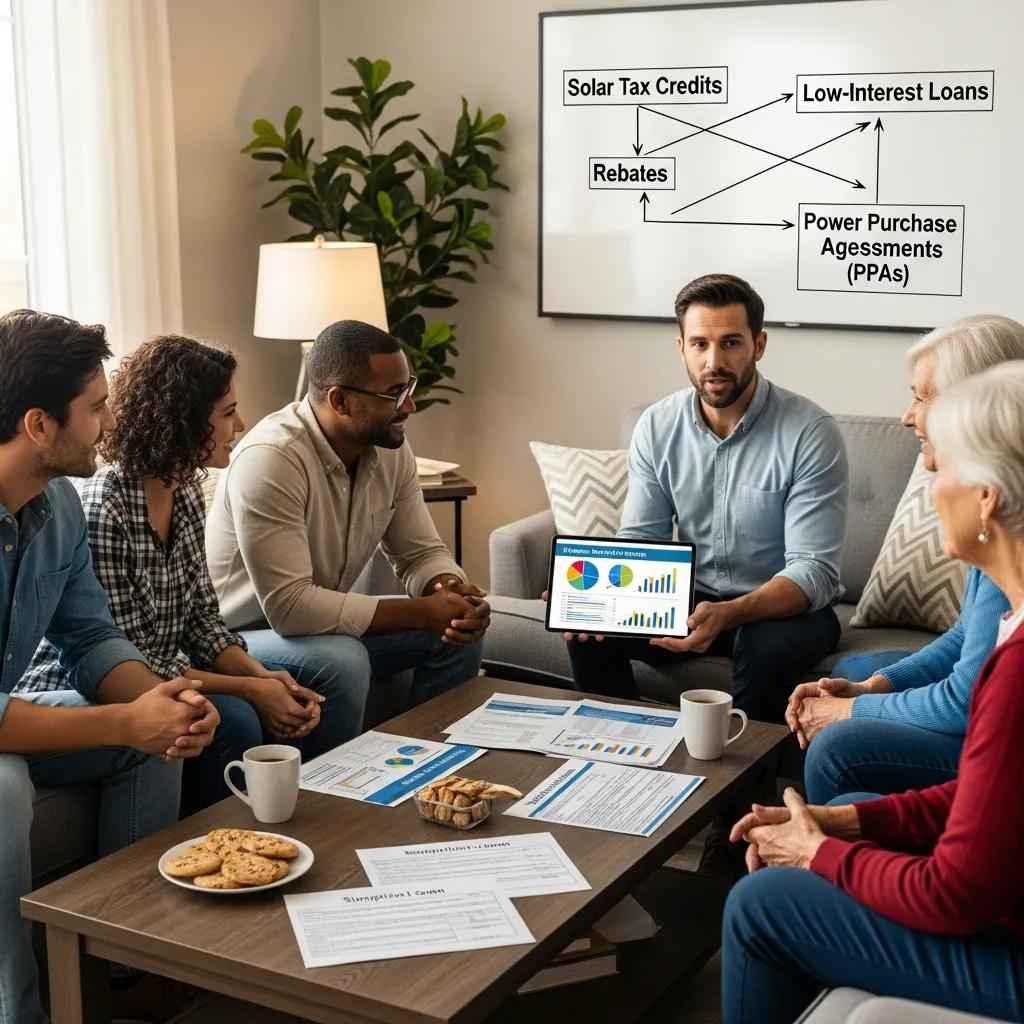 Homeowners discussing solar incentives and financing options with a financial advisor