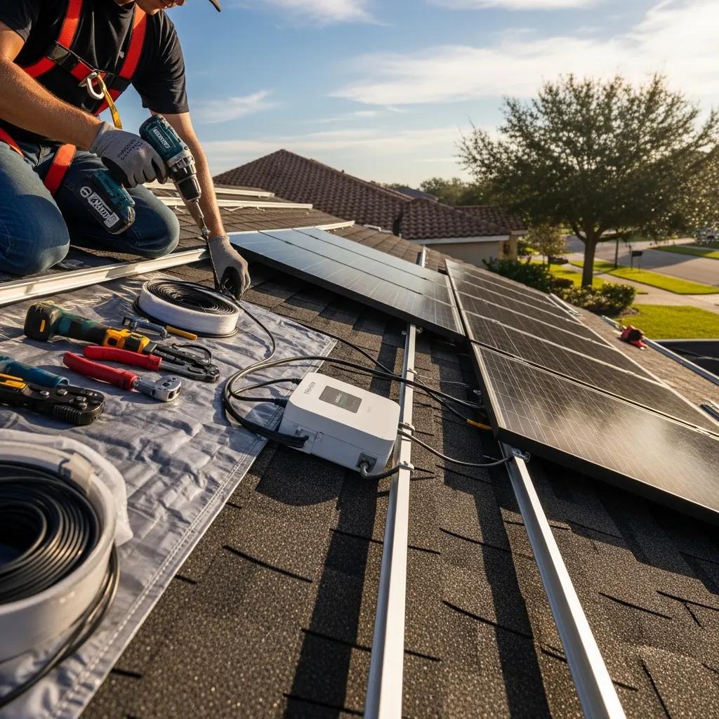 Installer working on solar panel installation on a residential roof in Kissimmee