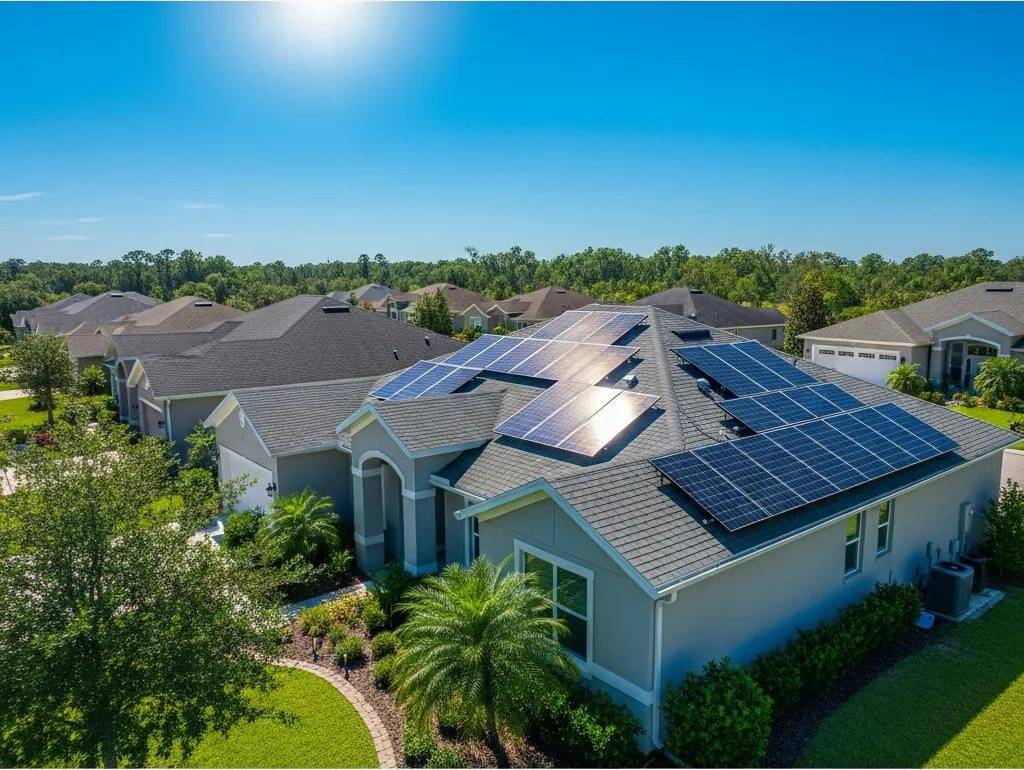 Residential home in Kissimmee, Florida with solar panels under clear blue skies