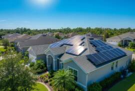 Residential home in Kissimmee, Florida with solar panels under clear blue skies
